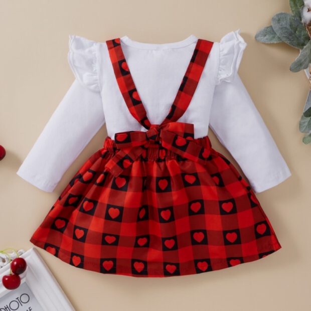 Checker Suspender Dress with Long Sleeve Heart Pattern T-Shirt - Image 3
