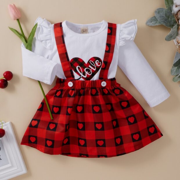 Checker Suspender Dress with Long Sleeve Heart Pattern T-Shirt - Image 2