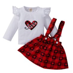 Checker Suspender Dress with Long Sleeve Heart Pattern T-Shirt