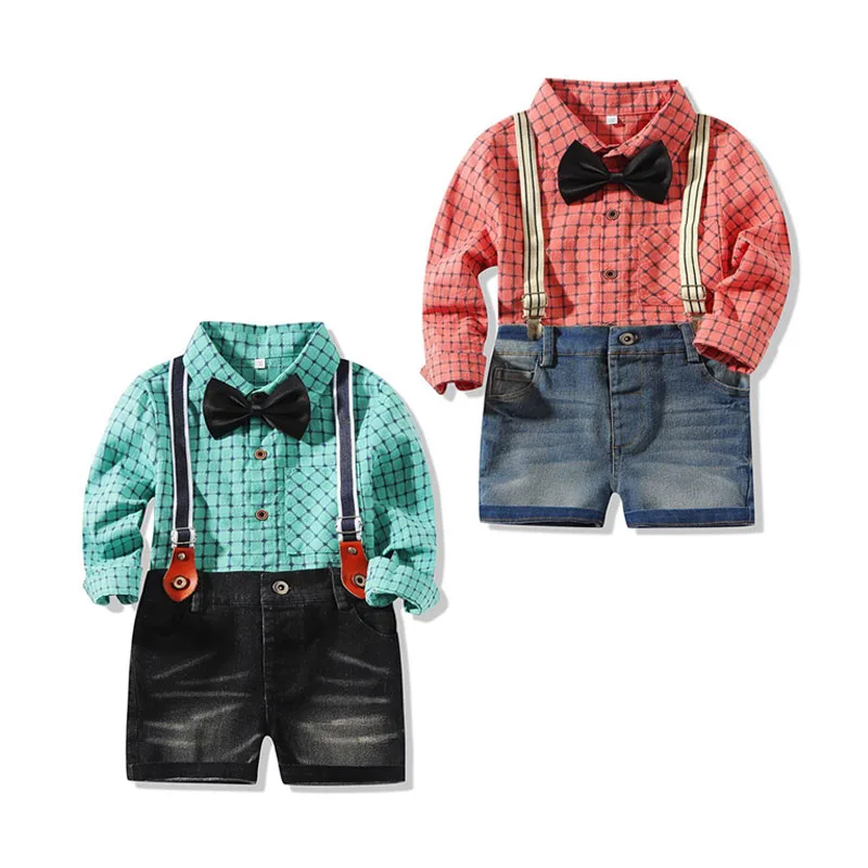 Baby Boy Checkered Button Shirt Long Sleeve, Bow Tie, Suspenders, Denim Shorts 4 pcs Outfit