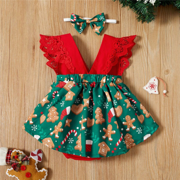 Christmas Gingerbread Men Snowflake Pattern Lace Dress Sleeveless - Image 2