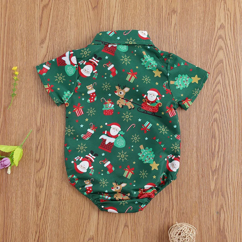 Christmas Pattern Button On Bodysuit Short Sleeve with Bow Tie - Image 2