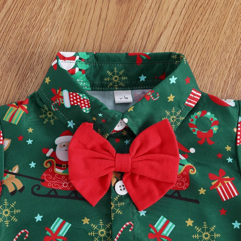 Christmas Pattern Button On Bodysuit Short Sleeve with Bow Tie - Image 3