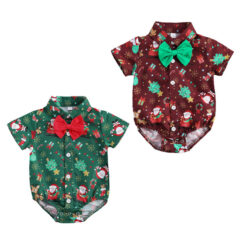 Christmas Pattern Button On Bodysuit Short Sleeve with Bow Tie