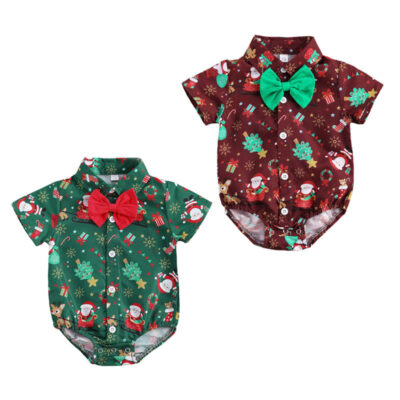 Christmas Pattern Button On Bodysuit Short Sleeve with Bow Tie