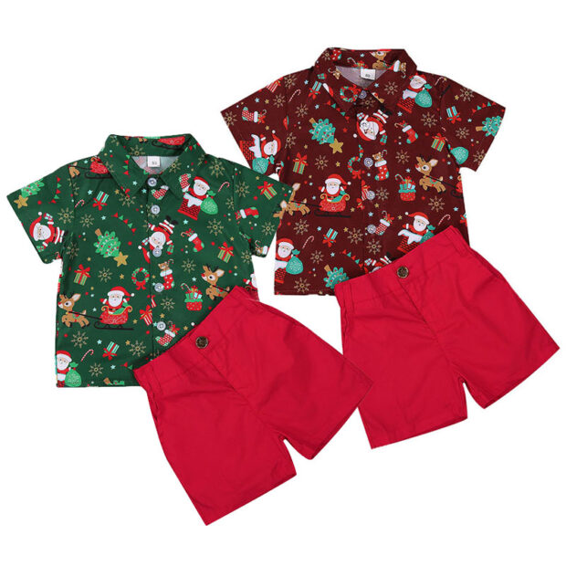 Christmas Pattern Button Up Shirt & Elastic Shorts Short Sleeve