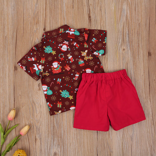 Christmas Pattern Button Up Shirt & Elastic Shorts Short Sleeve - Image 2