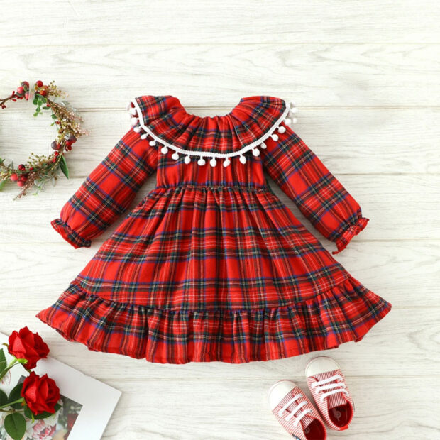 Christmas Plaid Pattern Dress with Tassel & Ribbon Long Sleeve - Image 2