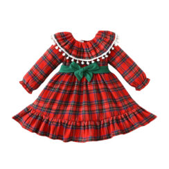 Christmas Plaid Pattern Dress with Tassel & Ribbon Long Sleeve