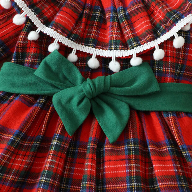 Christmas Plaid Pattern Dress with Tassel & Ribbon Long Sleeve - Image 3