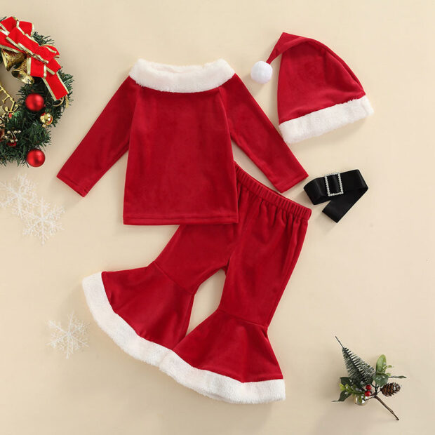 Christmas Santa Suit Outfit with Bell Bottom Pants, Belt, Hat Long Sleeve - Image 2