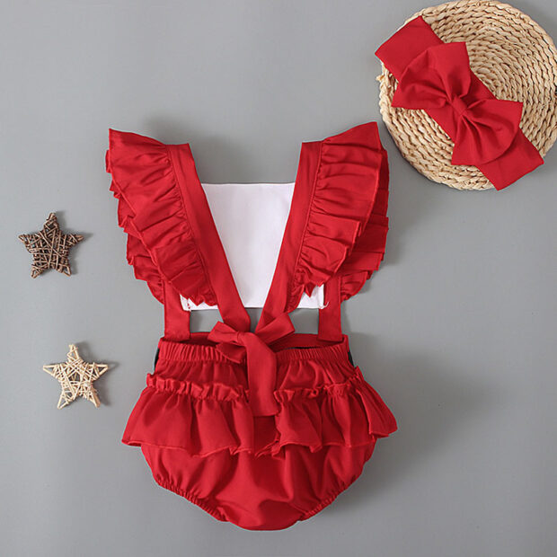 Christmas Santa Suit Romper Open Back with Ribbon Headband Sleeveless - Image 2