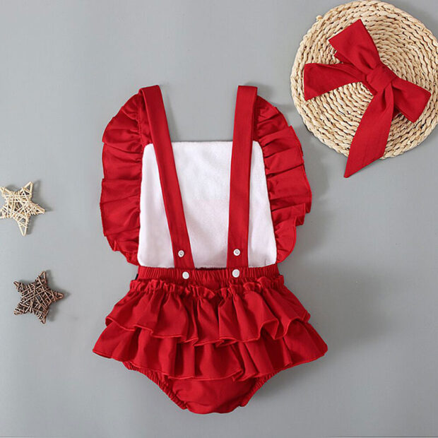 Christmas Santa Suit Strap Romper Open Back with Ribbon Headband Sleeveless - Image 2