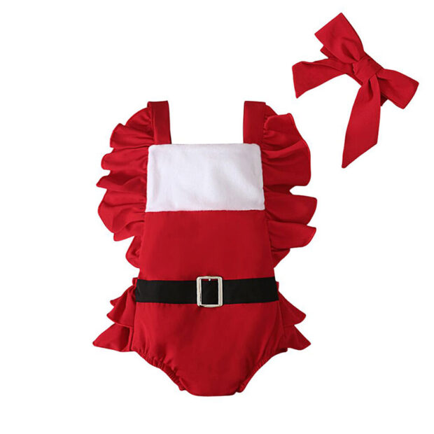 Christmas Santa Suit Strap Romper Open Back with Ribbon Headband Sleeveless