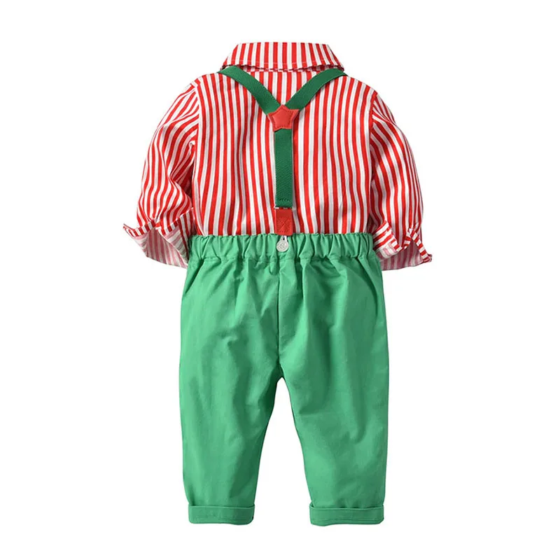 Baby Boy Christmas Stripe Pattern Button Up Shirt with Bow Tie & Suspenders Pants Long Sleeve 3 pcs Outfit - Image 3
