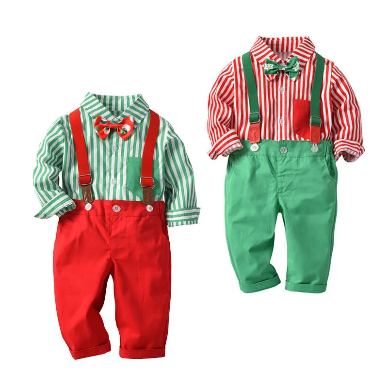 Baby Boy Christmas Stripe Pattern Button Up Shirt with Bow Tie & Suspenders Pants Long Sleeve 3 pcs Outfit