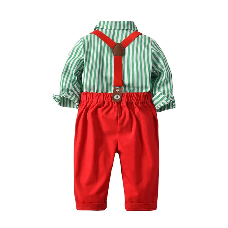 Baby Boy Christmas Stripe Pattern Button Up Shirt with Bow Tie & Suspenders Pants Long Sleeve 3 pcs Outfit - Image 2