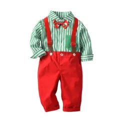 Baby Boy Christmas Stripe Pattern Button Up Shirt with Bow Tie & Suspenders Pants Long Sleeve 3 pcs Outfit