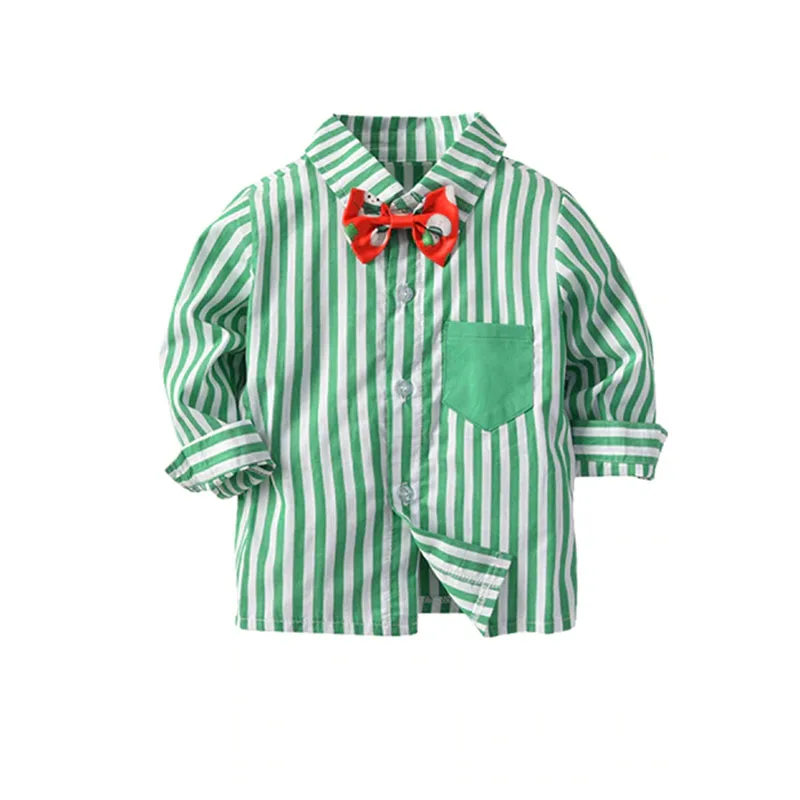 Baby Boy Christmas Stripe Pattern Button Up Shirt with Bow Tie & Suspenders Pants Long Sleeve 3 pcs Outfit - Image 4