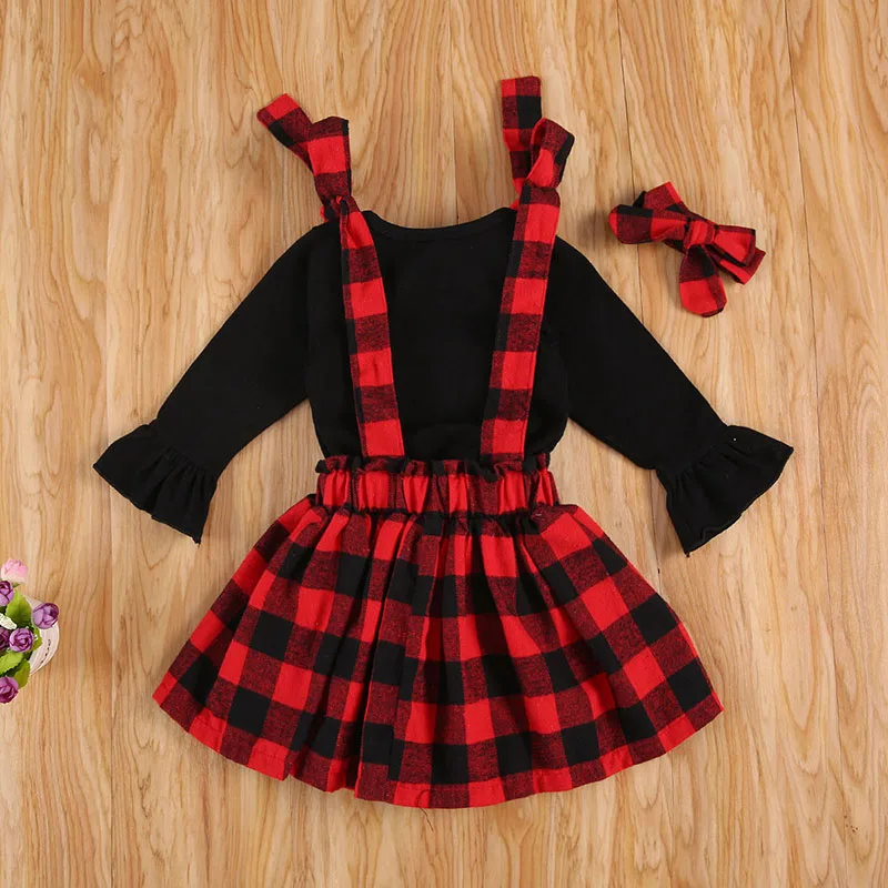 Christmas Tree Truck Applique T-Shirt Long Sleeve & Check Pattern Suspenders Dress with Headband for Girls - Image 2