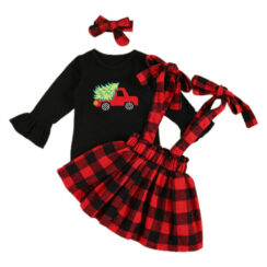 Christmas Tree Truck Applique T-Shirt Long Sleeve & Check Pattern Suspenders Dress with Headband for Girls