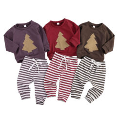 Christmas Tree Applique Pajamas Sweatshirt & Stripe Pants Long Sleeve