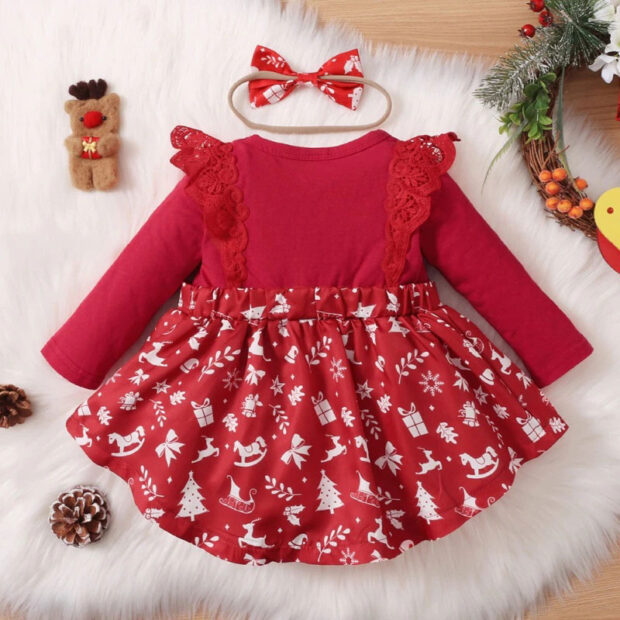 Christmas Pattern Variable Dress Long Sleeve with Ribbon Headband - Image 2