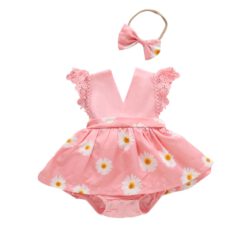 Chrysanthemum Flower Print Dress Short Sleeve with Ribbon Headband & Diaper Cover