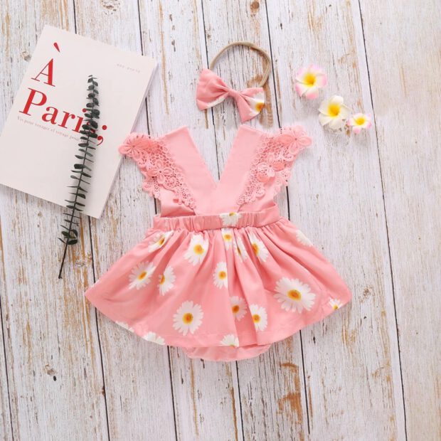 Chrysanthemum Flower Print Dress Short Sleeve with Ribbon Headband & Diaper Cover - Image 2
