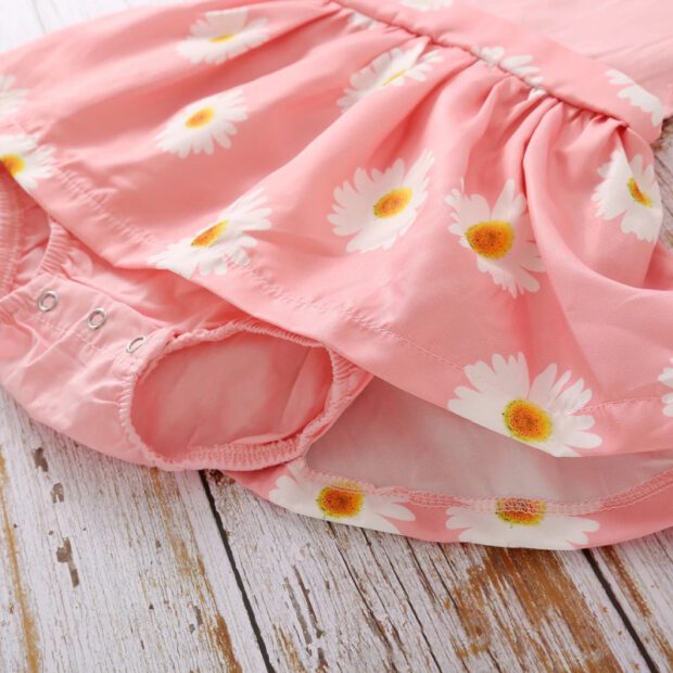Chrysanthemum Flower Print Dress Short Sleeve with Ribbon Headband & Diaper Cover - Image 5