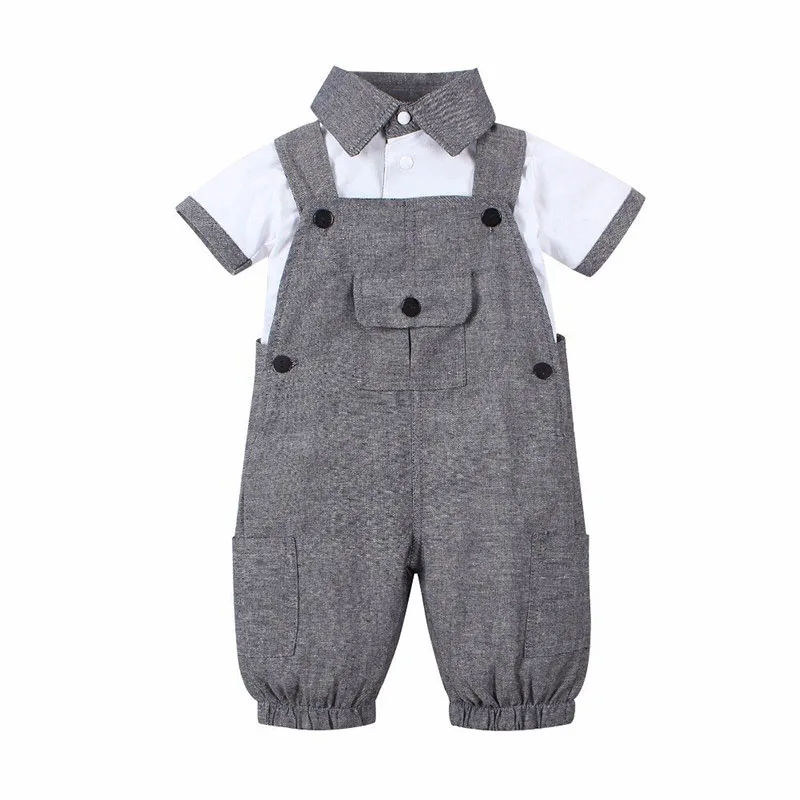Short Sleeves Collar Shirt Suspenders Overall Pants Outfit