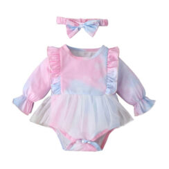 Color Gradient Tutu Dress Long Sleeve with Diaper Cover & Ribbon Headband
