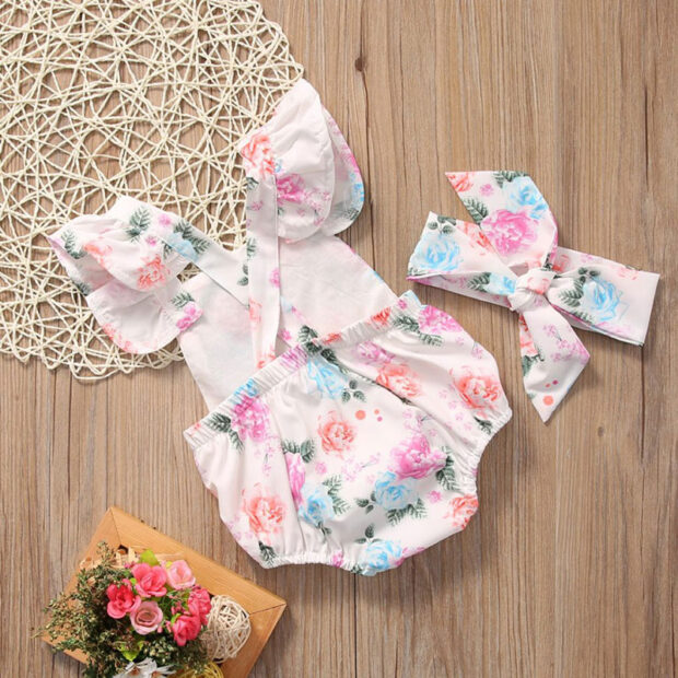 Colorful Spring Roses Shoulder Strap Bodysuit Bowknot Headband - Image 3