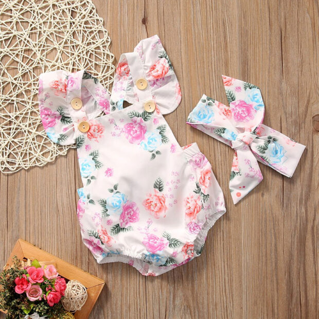 Colorful Spring Roses Shoulder Strap Bodysuit Bowknot Headband - Image 2