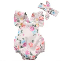 Colorful Spring Roses Shoulder Strap Bodysuit Bowknot Headband