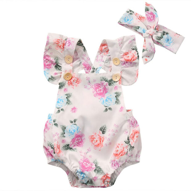 Colorful Spring Roses Shoulder Strap Bodysuit Bowknot Headband