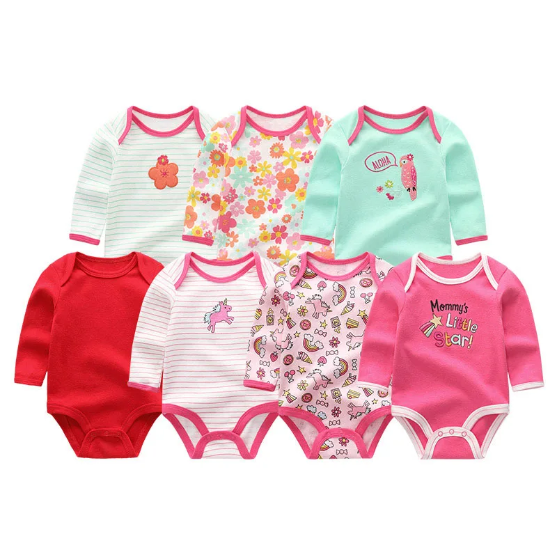 Cartoon Spring Flower Print Long Sleeves Onesie Bodysuit 7pcs