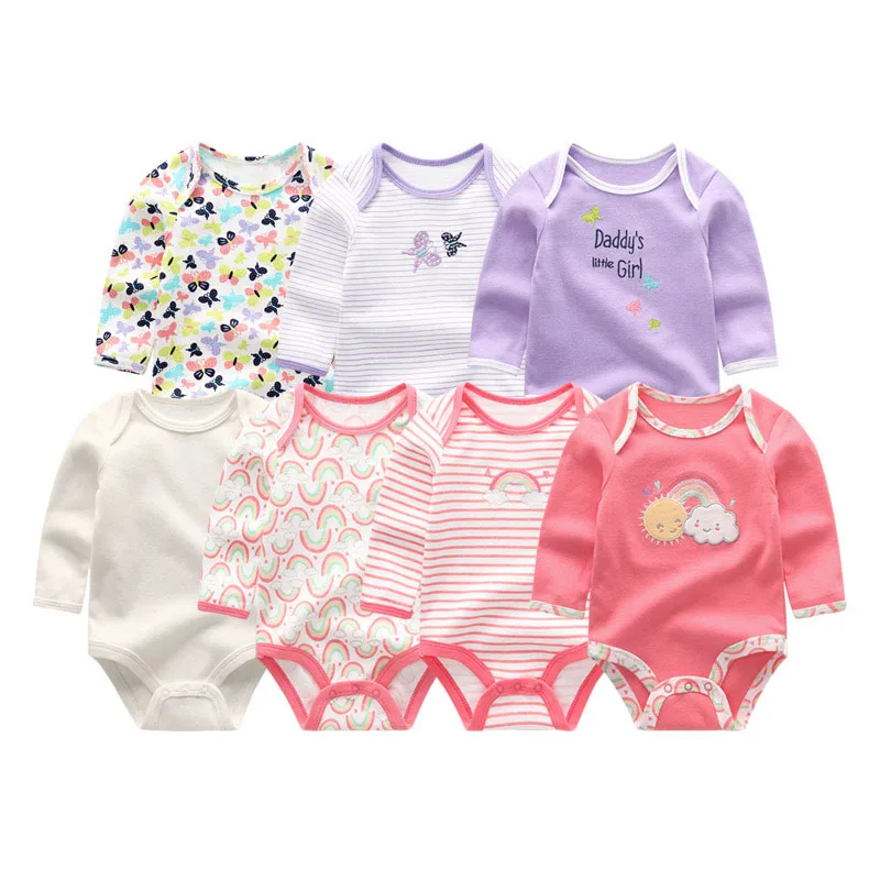 Rainbow & Flower Print Long Sleeves One Piece Bodysuit 7pcs