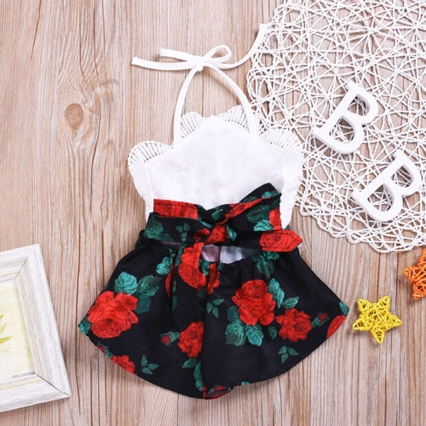Baby Girl Floral Crochet Tie Knot Romper Rose Onesie Sleeveless - Image 5