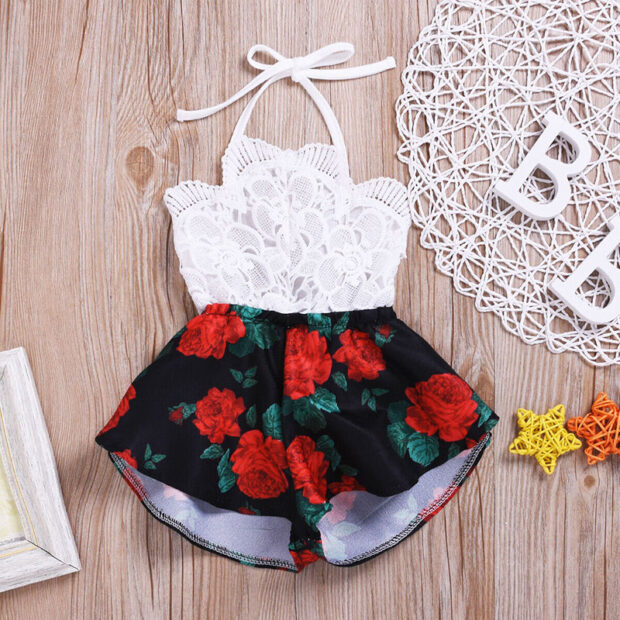 Baby Girl Floral Crochet Tie Knot Romper Rose Onesie Sleeveless - Image 4