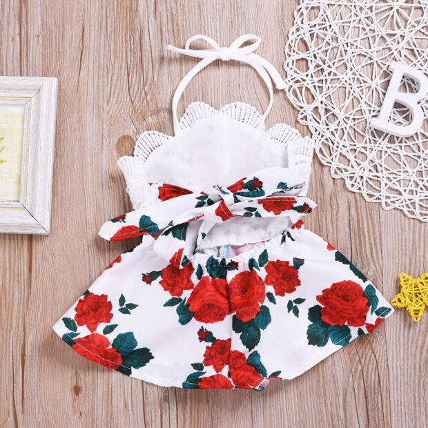 Baby Girl Floral Crochet Tie Knot Romper Rose Onesie Sleeveless - Image 3