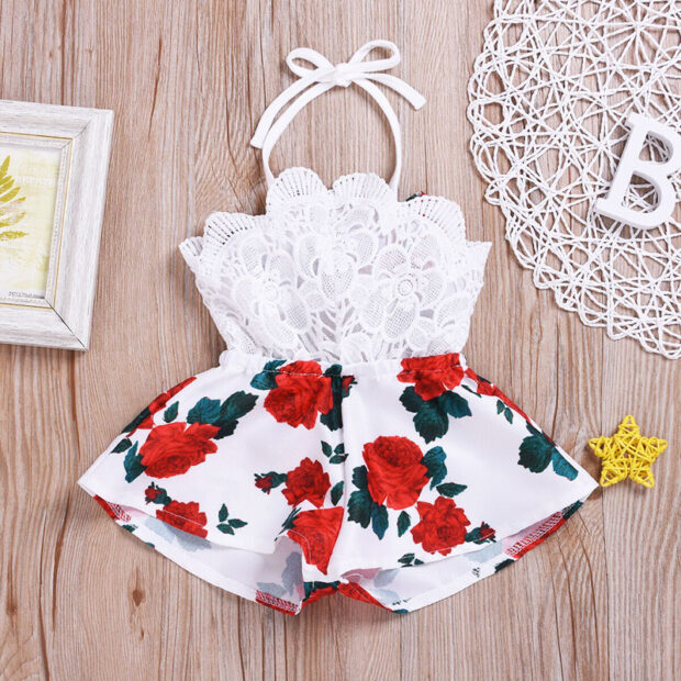 Baby Girl Floral Crochet Tie Knot Romper Rose Onesie Sleeveless - Image 2