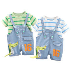 Crocodile Applique Denim Overalls & Stripe T-Shirt Short Sleeve