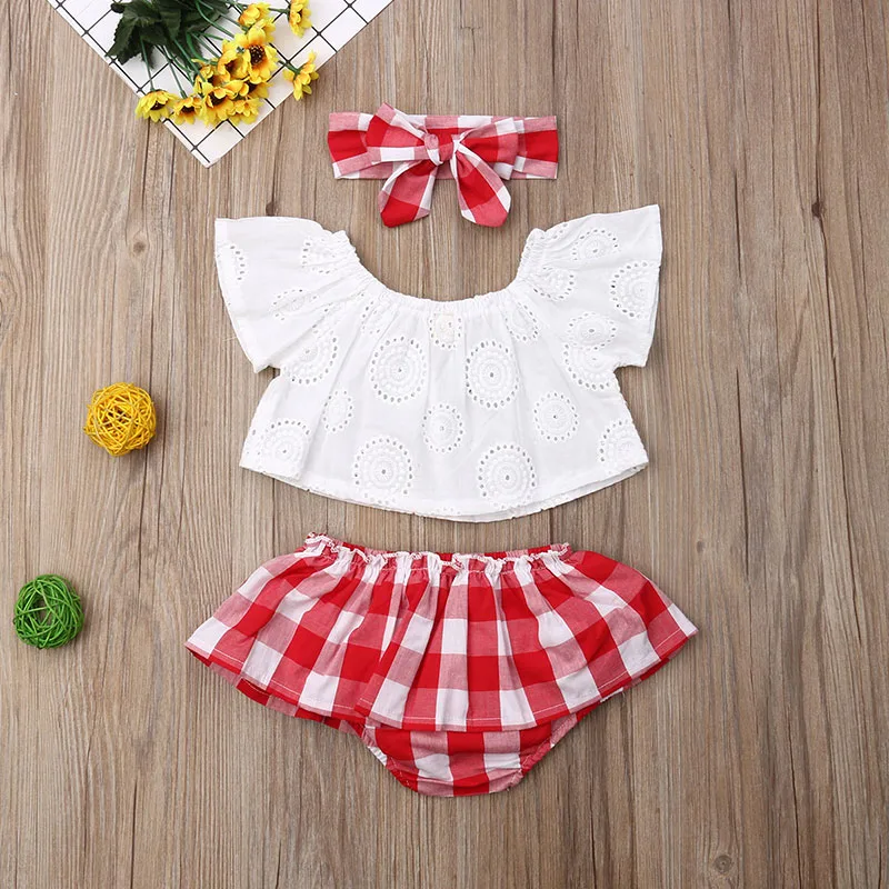Baby Girl See Through Crop Top Blouse Sleeveless, Checker Ruffled Skirt, Ribbon Headband 3 pcs Outfit - Image 3