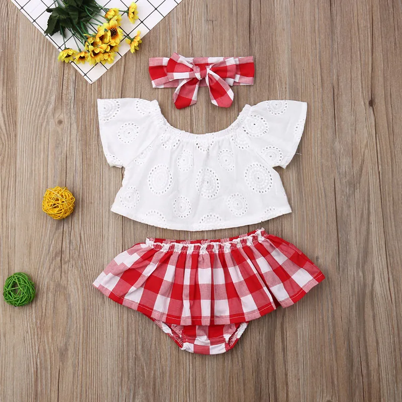Baby Girl See Through Crop Top Blouse Sleeveless, Checker Ruffled Skirt, Ribbon Headband 3 pcs Outfit - Image 2
