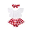 Baby Girl See Through Crop Top Blouse Sleeveless, Checker Ruffled Skirt, Ribbon Headband 3 pcs Outfit