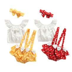 Sleeveless Crop Top & Dotted Suspender Ribbon Dress with Matching Headband