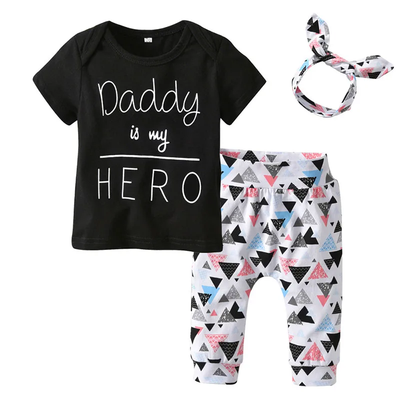 Daddy is My Hero Shirt Pyramid Print Harem Pants with Ribbon Headband