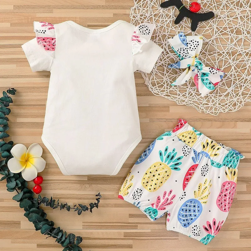Daddy is my Bestie Letter Print Onesie, Pineapple Bloomer Shorts, Ribbon Headband Short Sleeve for Girls - Image 2