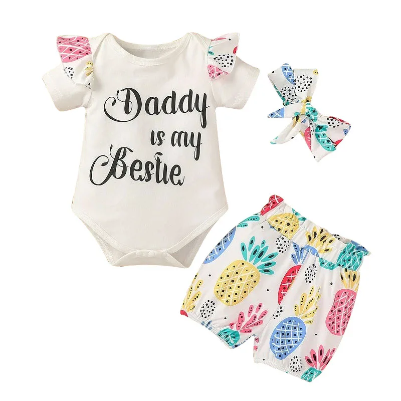 Daddy is my Bestie Letter Print Onesie, Pineapple Bloomer Shorts, Ribbon Headband Short Sleeve for Girls